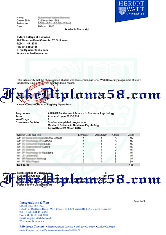 Heriot Watt university transcript ,fake transcript