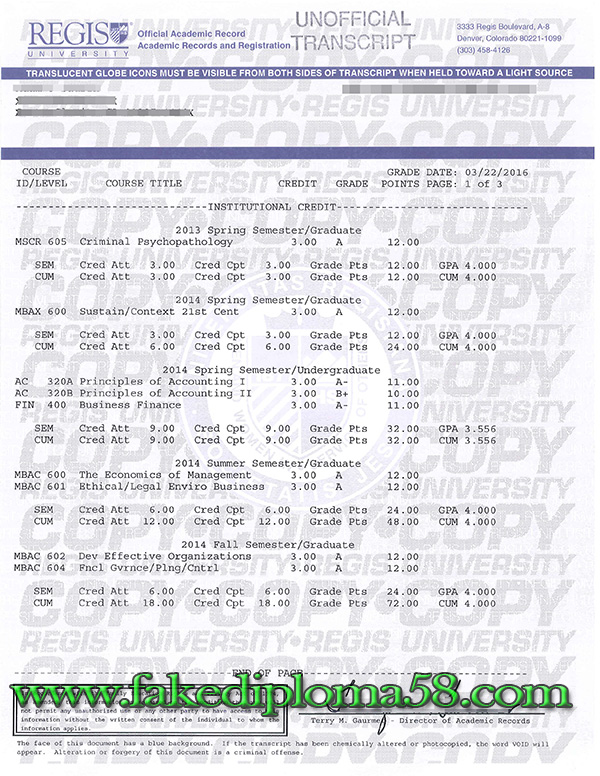 order Regis University fake transcript