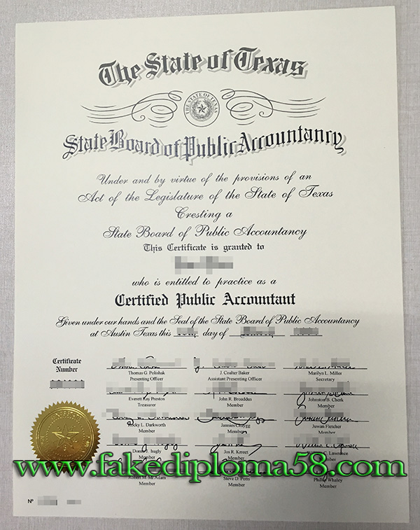 State Board of Public Accountancy certificate from the State of Texax