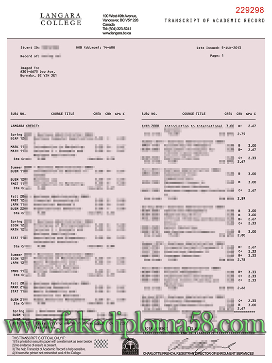 how many courses does the Langara College transcript have