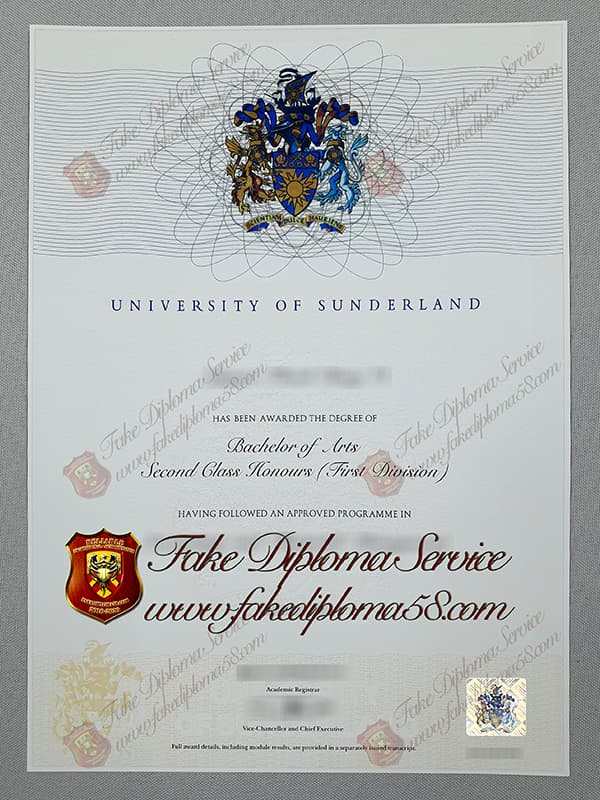 Fake University of Sunderland Diploma certificate