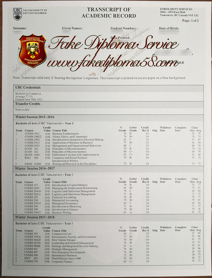 The University of British Columbia transcript