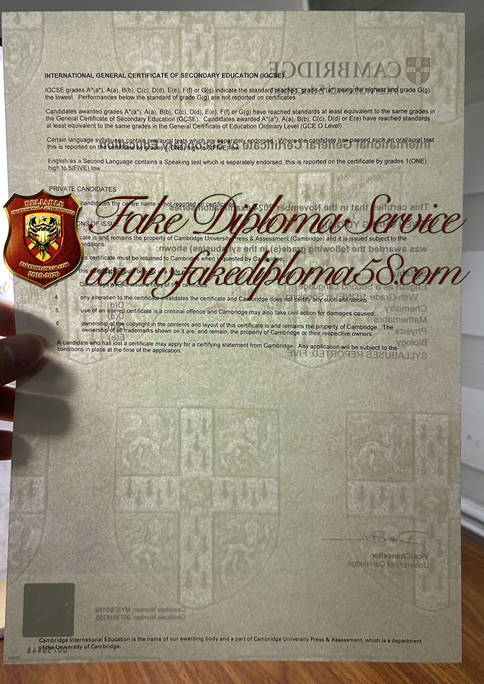Cambridge IGCSE certificate on watermark paper 